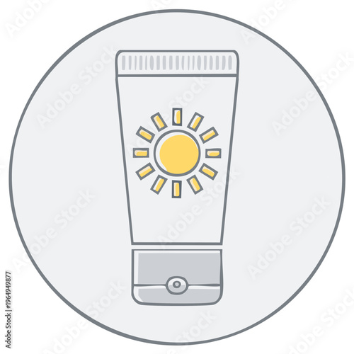 Sunscreen tube in a grey circle featuring sun symbol for protecting the skin from sunlight and UV radiation