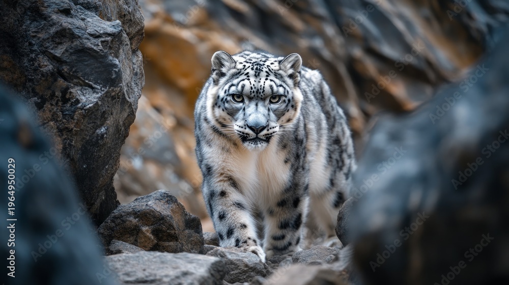 Fototapeta premium A snow leopard on rocky terrain generative ai