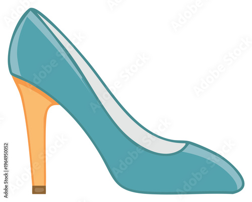 Illustration of a high heeled shoe with blue upper and orange heel