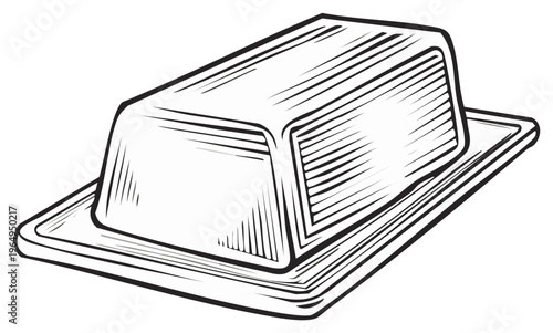 Classic butter dish with lid on a rectangular tray, black and white illustration, vintage style
