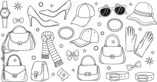 Hand drawn fashion accessories doodle set with luxury handbags pearl necklaces high heels watches and stylish feminine hats,.eps