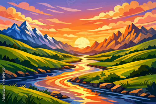Quadro su tela A river flows through a valley of rolling green hills and jagged mountains under a colorful sky with soft clouds and a bright sunset