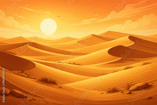 Desert Sunset: A lone camel on rolling dunes under a warm sky.