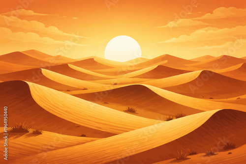 Fotografia A breathtaking Sahara desert landscape features golden sand dunes under a vibran