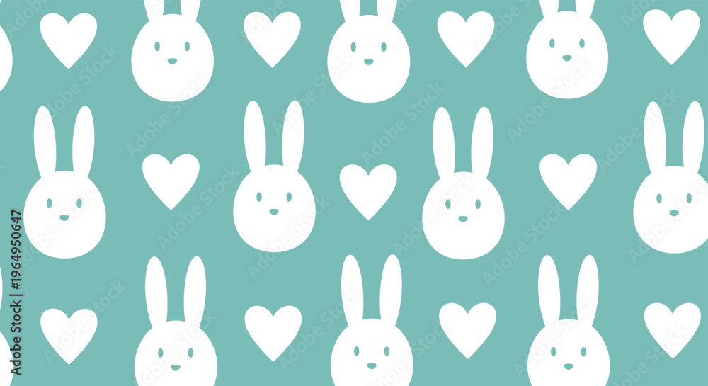 Obraz premium Minimalist seamless pattern featuring white rabbit head silhouettes and hearts distributed across a calm teal background.