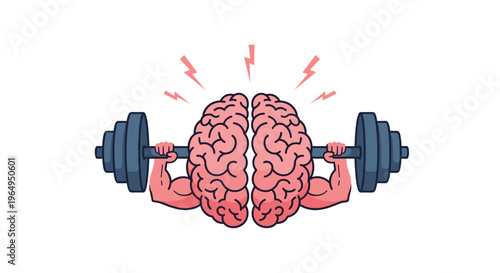 Motivational illustration of a pink human brain with muscular arms lifting a heavy black barbell in a weightlifting pose.