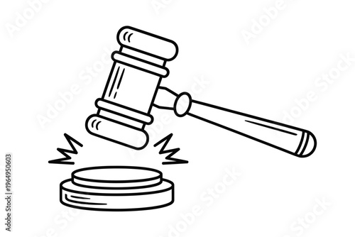A simple black and white illustration of a gavel striking a sound block
