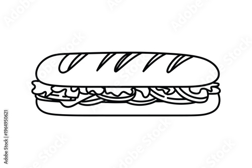 Simple black and white line drawing of a classic submarine sandwich