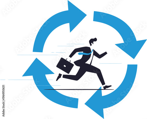Businessman runs urgently inside a large blue circular arrow cycle symbolizing constant workflow and fast business processes.