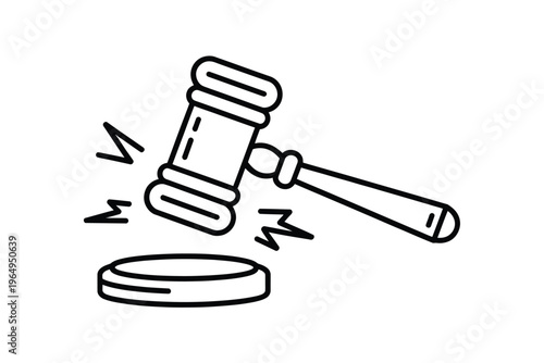 A simple black and white line drawing of a gavel striking a sound block