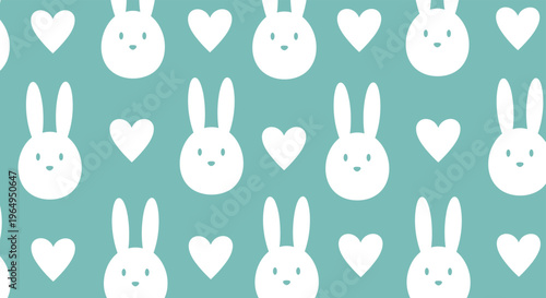 Minimalist seamless pattern featuring white rabbit head silhouettes and hearts distributed across a calm teal background.