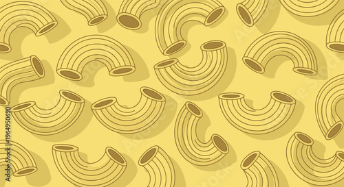Delicious seamless pattern featuring many pieces of golden elbow macaroni pasta scattered across a warm yellow background.