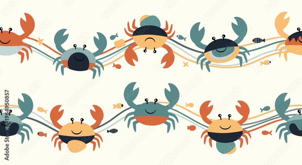 Naklejka premium Seamless pattern with cute cartoon crabs and little fishes on wavy sea background for children nursery fabric and wallpaper.