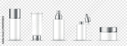 White cosmetic tube bottle and jar set with dropper and pump isolated on transparent background