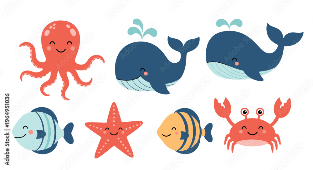 Naklejka premium Set of cute cartoon sea creatures including octopus, whale, fish, starfish, and crab on a plain white background for kids.