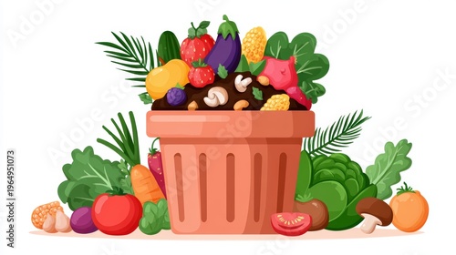 A colorful display of fresh fruits and vegetables overflowing from a compost pot, symbolizing sustainability and health.