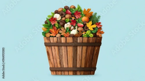 A colorful wooden basket brimming with fresh fruits, vegetables, and autumn leaves, showcasing nature's bounty.