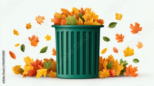 A green trash bin overflowing with colorful autumn leaves, symbolizing the changing seasons and environmental care.