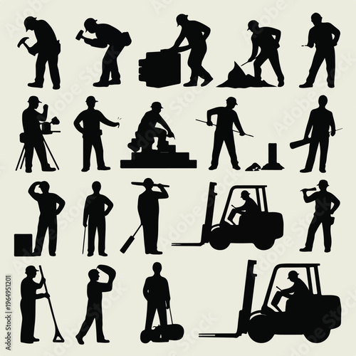 Construction Worker Silhouette Icon Set – Industrial Labor and Tools Vector Collection