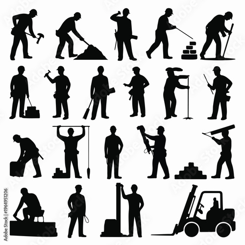Construction Worker Silhouette Icon Set – Industrial Labor and Tools Vector Collection