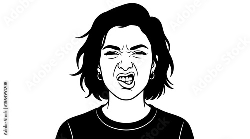 Funny Grimace Woman Vector Drawing Black and White Portrait Girl Making Silly Face