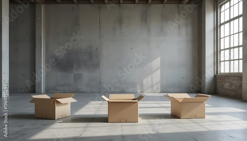 Minimalist interior of a large, vacant industrial studio with three carton boxes on the concrete floor, ready for new beginnings, reflecting a state of change and opportunity