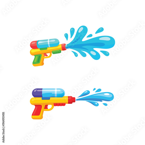 Two cartoon water guns shooting water splashes, summer play theme, water gun, squirt gun, toy gun, water pistol