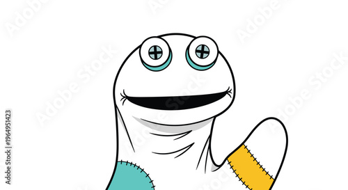 White sock puppet with blue and yellow patches and button eyes smiling and waving on a white background for children show.