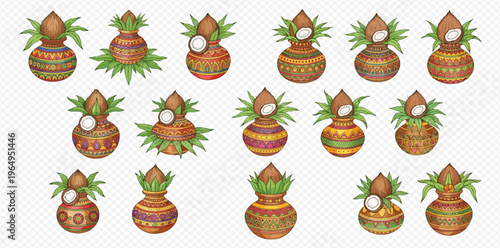 Set of traditional Indian Kalash pots with coconuts and mango leaves for religious ceremonies and festivals.