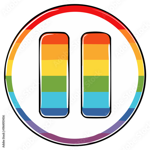 Pause button painted in rainbow colors inside a rainbow circle, vector illustration for pride month celebration and other related themes