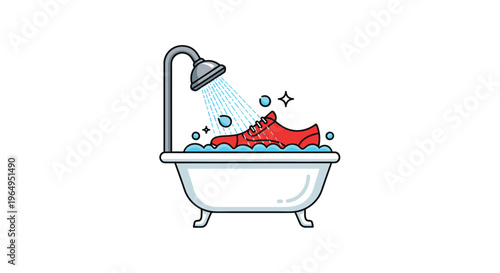 Red sneaker taking a shower in a ceramic bathtub with bubbles and water droplets for funny cleaning and hygiene concepts.