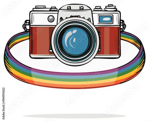 Vintage camera with colorful rainbow band illustration