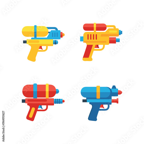 Assortment of four water blasters, flat vector illustrations for playtime, water gun, summer splash, water fight