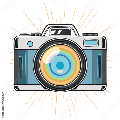 Retro camera with colorful lens and radiating light rays