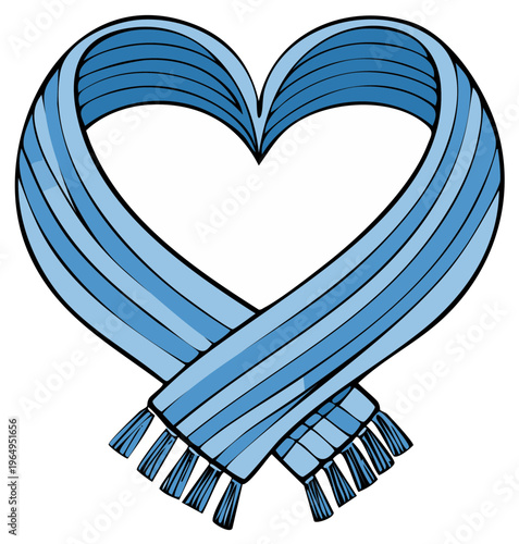 Blue striped winter scarf twisted into a heart shape with tassels vector illustration for gift wrapping and design elements