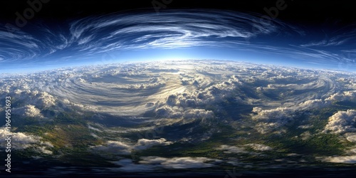 Global Weather System: A breathtaking 360-degree view of Earth's atmosphere showcases intricate cloud formations and weather patterns, evoking a sense of awe at the planet's dynamic climate.
