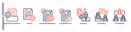 Documentation Flow web banner icon vector illustration with icons of Project Documentation,Invoice,Financial Statements,Completed Form,Company,Consulting and Coordination