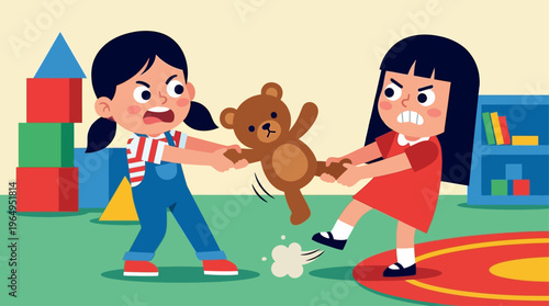 Two Little Girls Fighting Over Teddy Bear Vector Illustration Cartoon Children Conflict Concept