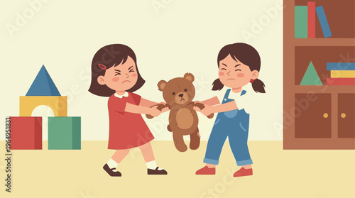 Two Little Girls Fighting Over Teddy Bear Vector Illustration Cartoon Children Conflict Concept