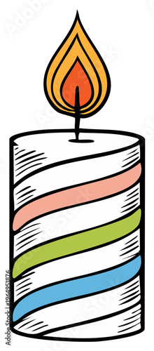 Cartoon candle illustration with colorful stripes and a burning flame, isolated.