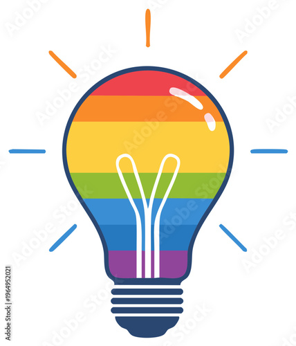 Bright rainbow lightbulb shining with colorful stripes symbolizing ideas and LGBTQ community, equality, vector illustration