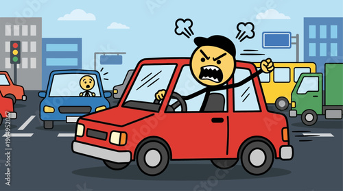 Mad Car Driver Stickman Cartoon Vector Illustration Angry Driving Road Rage Concept