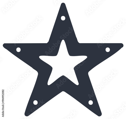 Isolated star shaped plaque or emblem with a star cutout and mounting holes