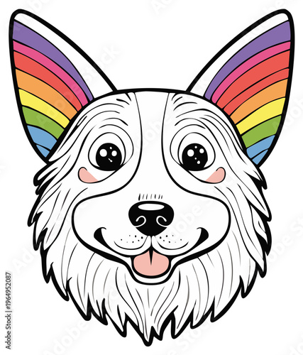 Playful Pembroke Welsh Corgi dog with rainbow colored inner ears smiling happily