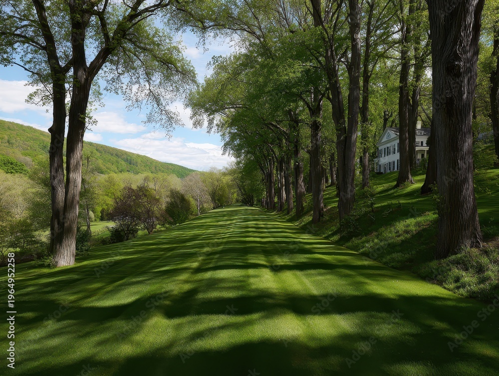 Obraz premium Pathway to Serenity: A scenic pathway, enveloped by a canopy of trees, offers a tranquil retreat into the heart of nature, evoking a sense of calm and escape.