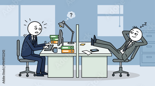 Stick Figure Office Worker vs Lazy Colleague Vector Illustration Hard Work Business Concept