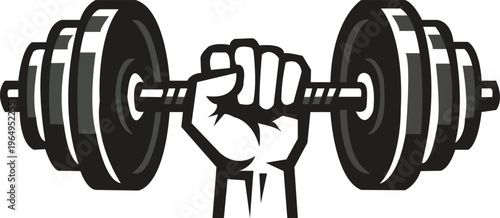 Powerful grip holding weights, minimal vector illustration, chunky barbell plates