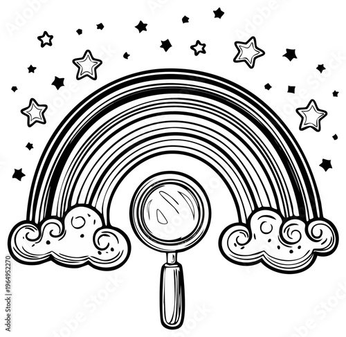 Magnifying glass explores colorful rainbow and starry sky in whimsical illustration