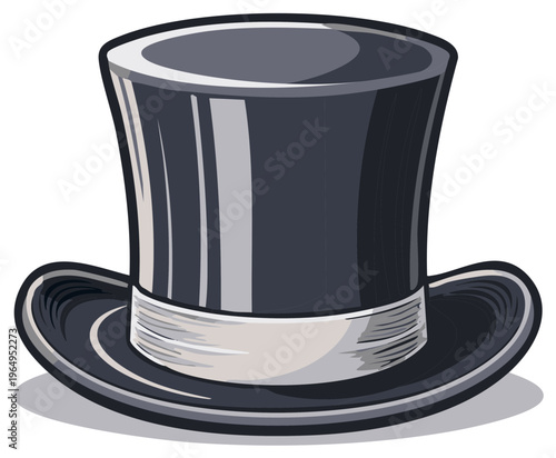 Classic black top hat with a white satin band and a wide brim accessory