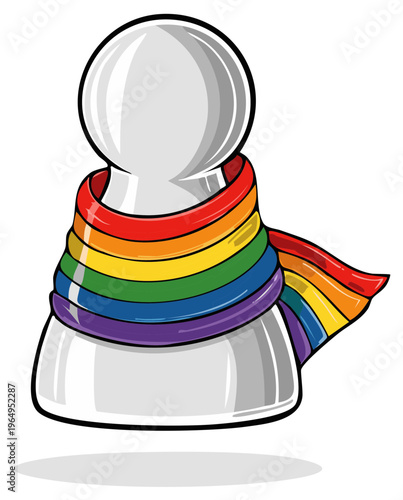 Stylized white chess pawn wearing a vibrant rainbow pride scarf representing equality and diversity